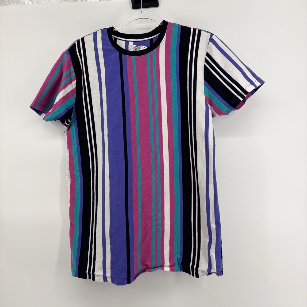 San Francisco Work Shirts Mens Large Striped Tee Purple Pink Teal Black White